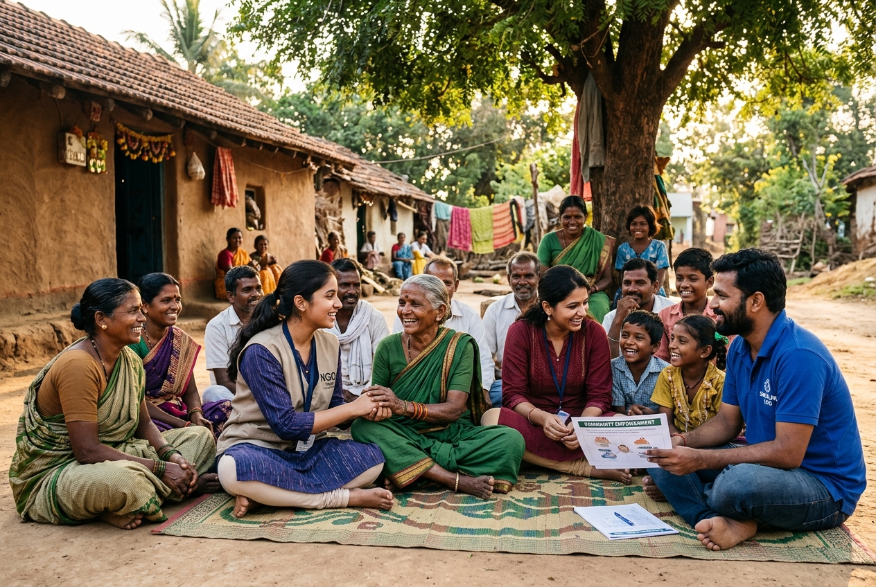 Indian rural village community interacting with volunteers