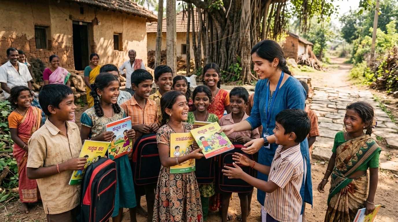 Indian rural children receiving educational supplies and charity support