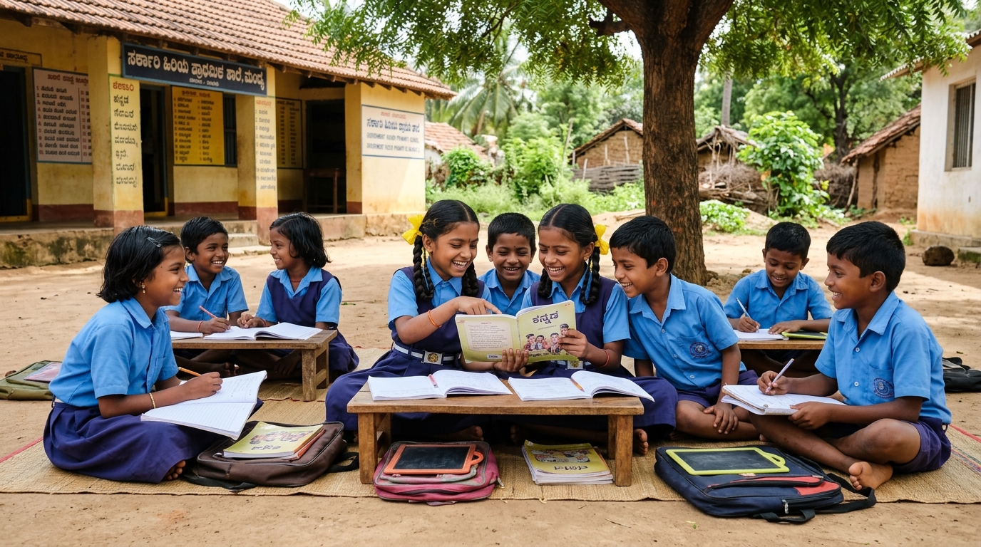 Indian school children learning together in Karnataka village