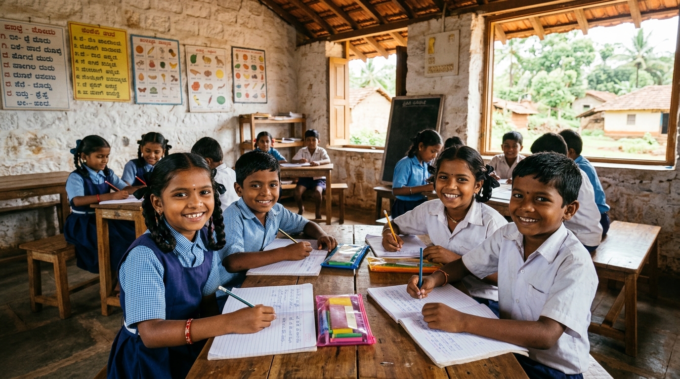 Indian rural school children studying happily in a village classroom
